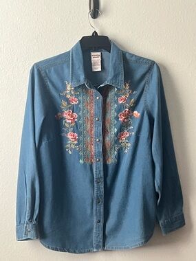 Sandra Wools Denim Button-Down Shirt with Rose Embroidery - Blue, Size L